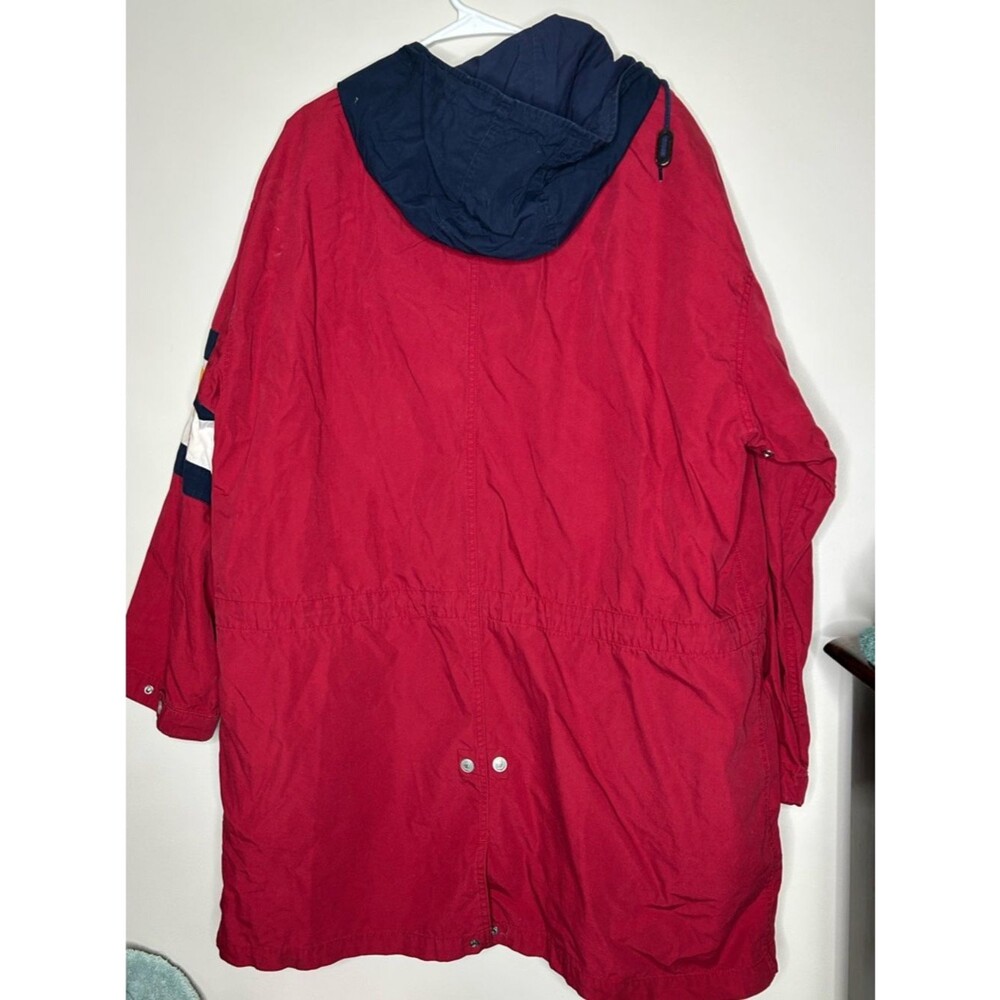 Vintage 90s 1990s Tommy Hilfiger Navy, Red Hooded wool lined rain Jacket XL - Picture 5 of 10